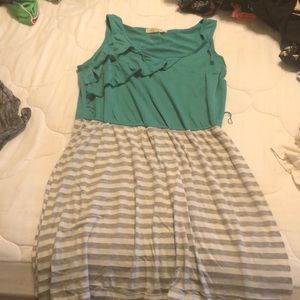 Woman’s hi-low green/ grey and white striped dress